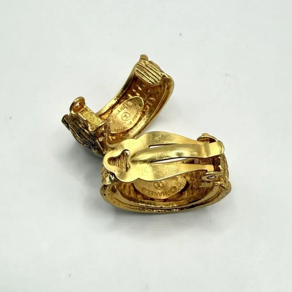 Vintage CHANEL Gold Tone Basket Weave CC Half Hoop Clip Earrings France READ